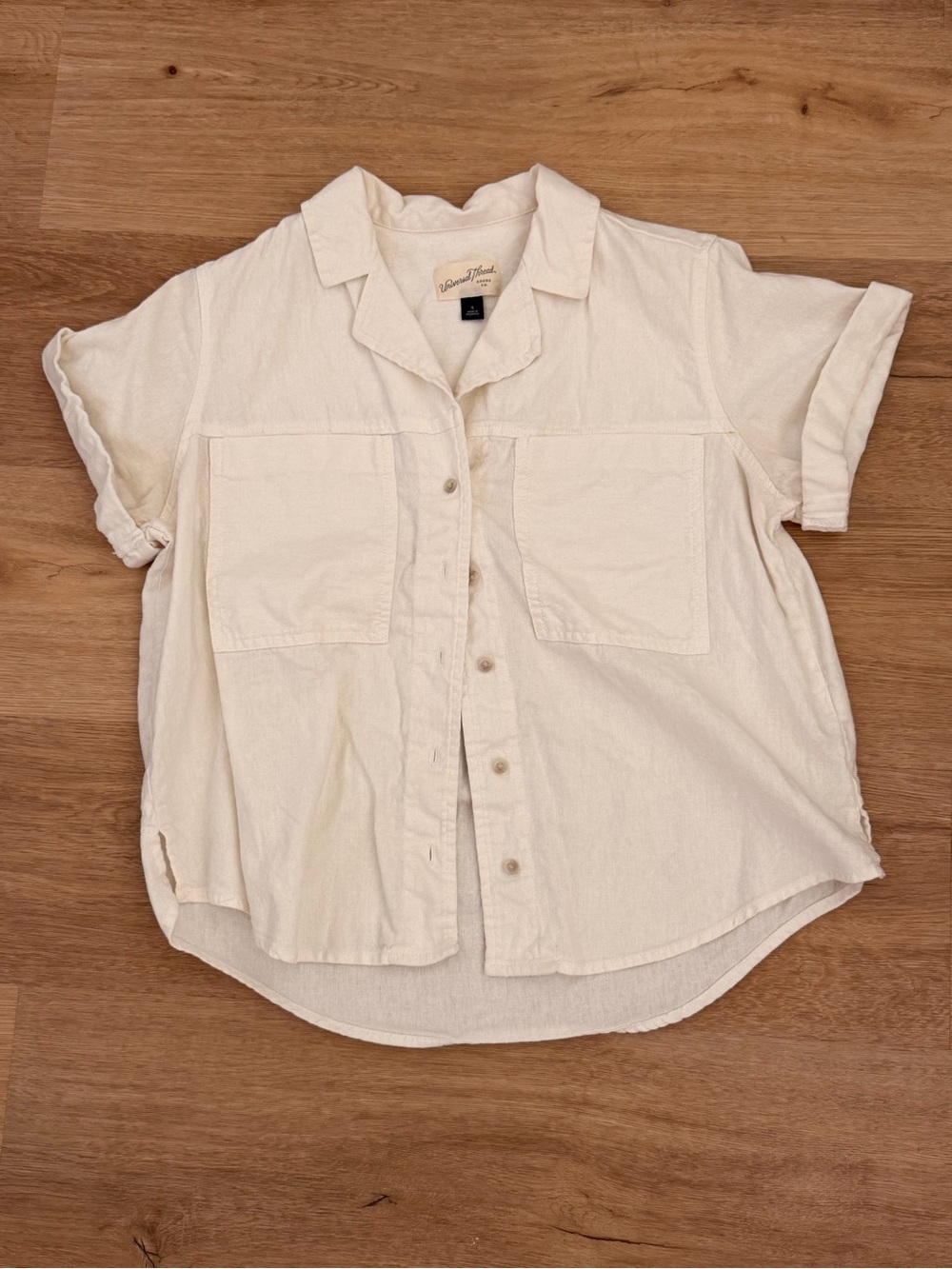 Cream Short Sleeve Linen Button-Up Shirt